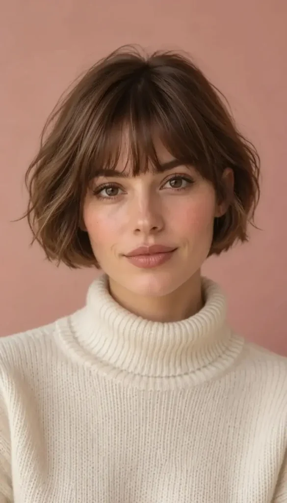 Woman with a lip-length chestnut French bob, soft eyebrow-length bangs and an undone texture, wearing a cream turtleneck.