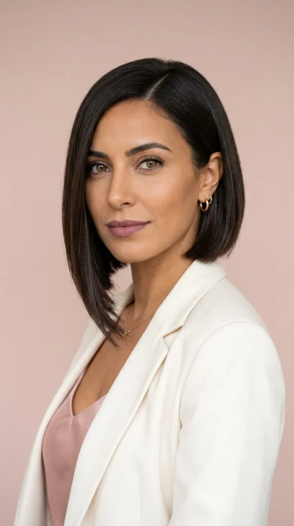 Woman with a sleek asymmetrical bob, longer on one side with a sharp diagonal line