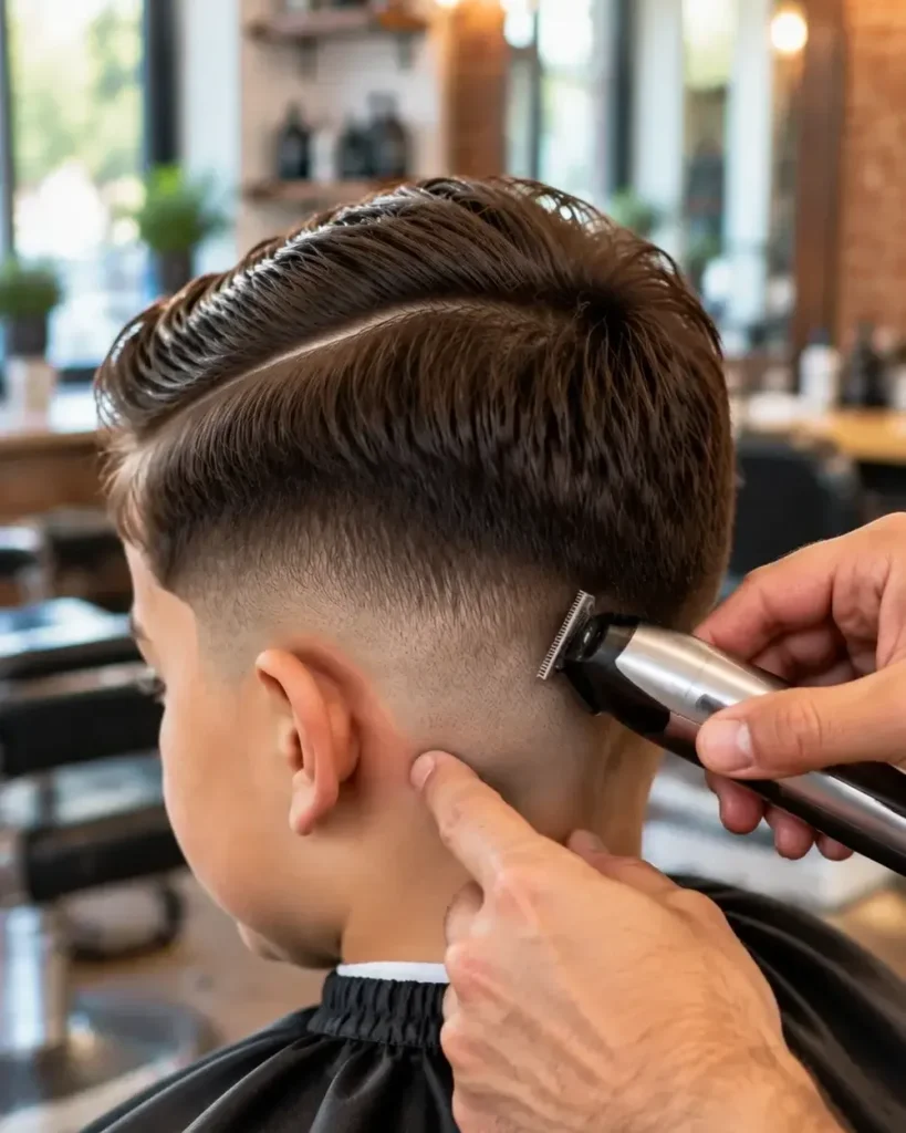 Barber using clippers to fade the sides of a boy’s side part haircut