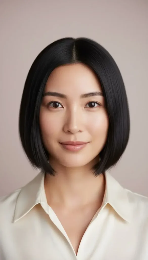East Asian woman with a sleek jet-black blunt bob ending at the chin, with a center part and no bangs, wearing a cream silk blouse.