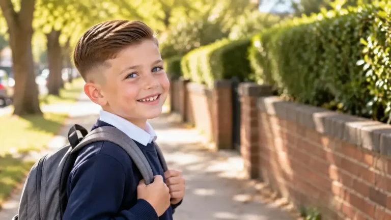 Smiling boy with a boys side part fade walking to school with a backpack