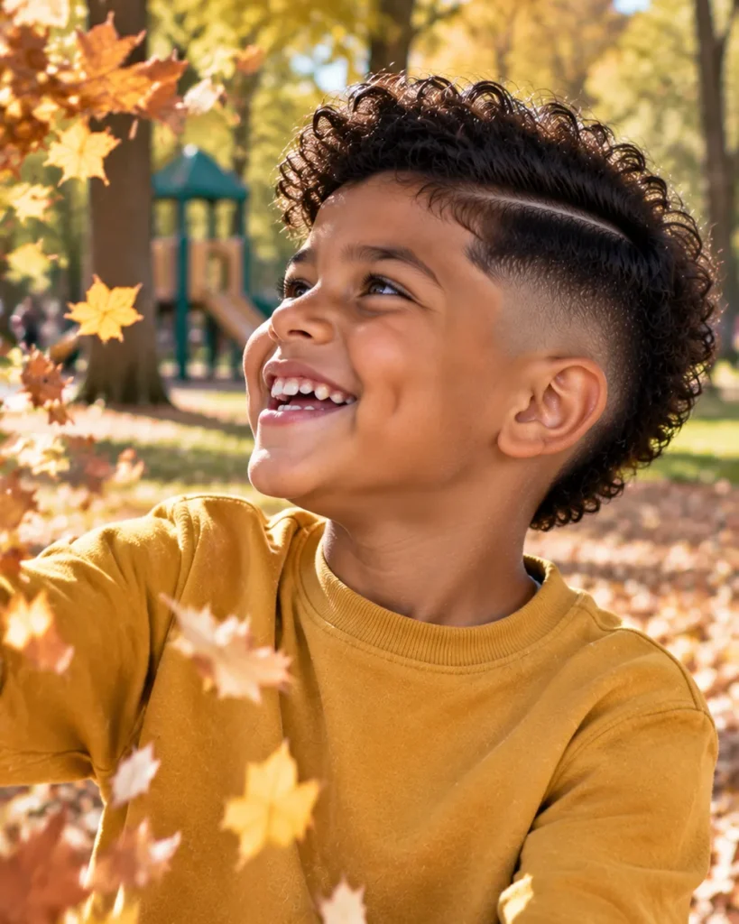 Boy with curly hair and a burst fade curving around the ear with a side part