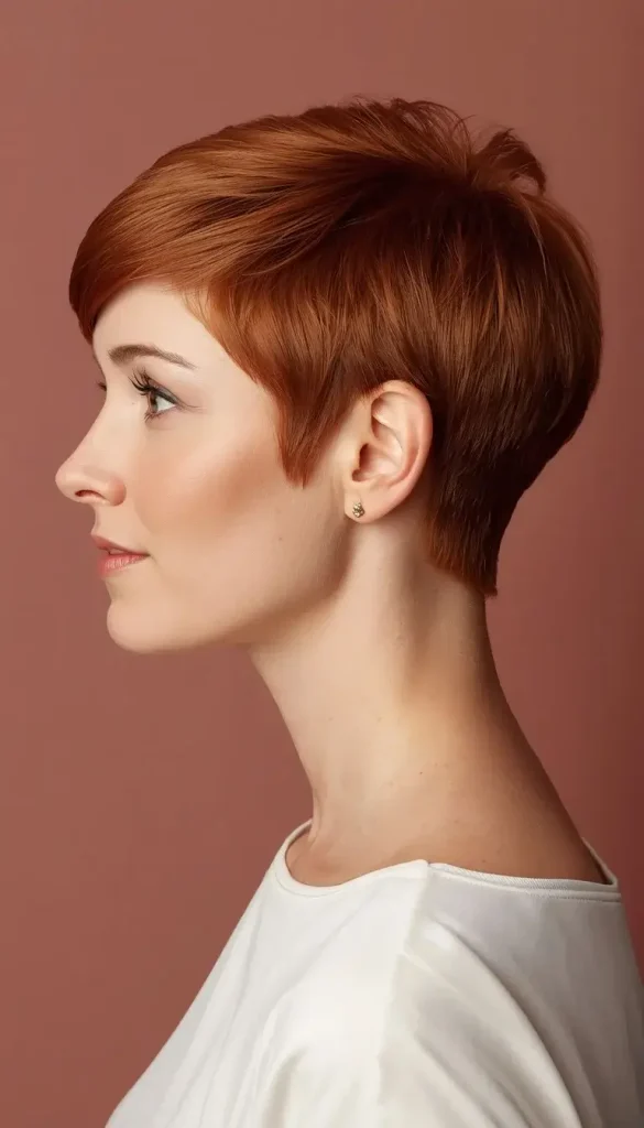Side profile of a red-haired woman with a classic pixie, tapered back and sides, ears visible, and a soft side-swept top.