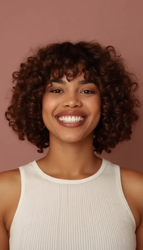 Woman with a rounded chin-length curly bob, defined dark auburn spiral curls, smiling in a white tank top.
