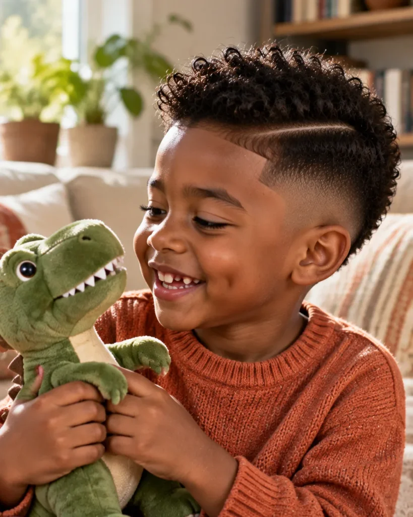 Smiling boy with a curly side part fade and a hard part holding a toy dinosaur