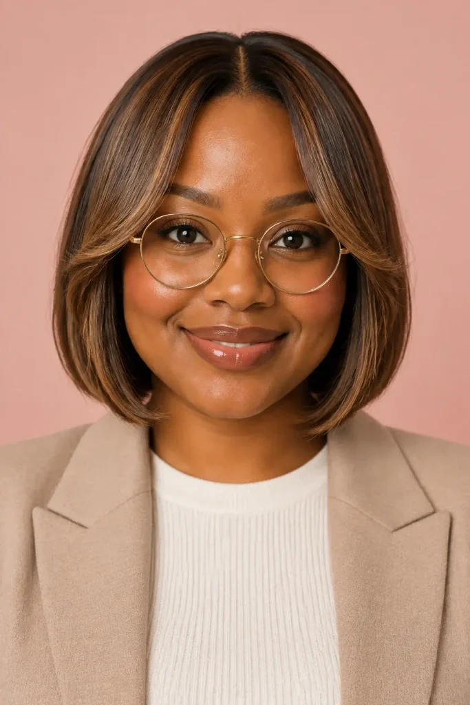 Woman with a jaw-length bob, center part and face-framing curtain bangs sweeping to the cheekbones, wearing round gold glasses.