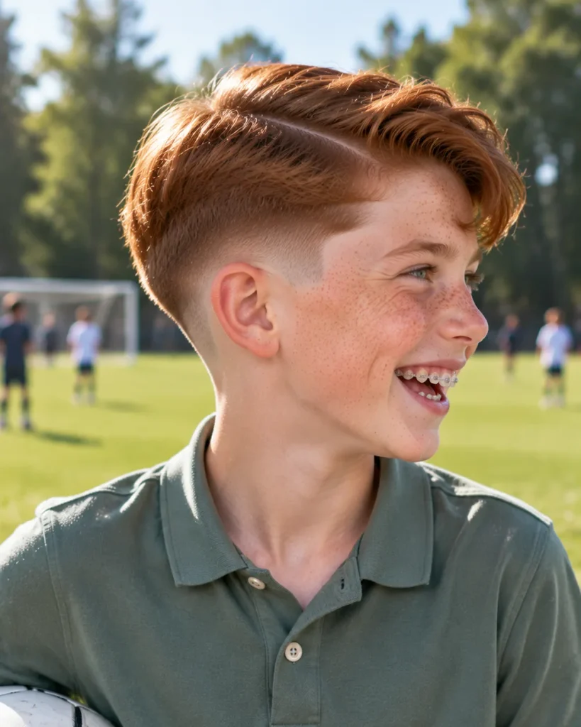 Red-haired boy with a drop fade curving behind the ear and a side part