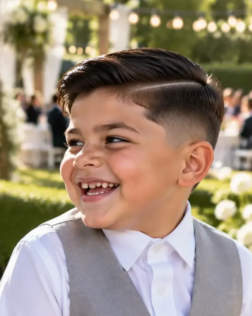 Smiling boy with a hard part comb over fade at a garden wedding