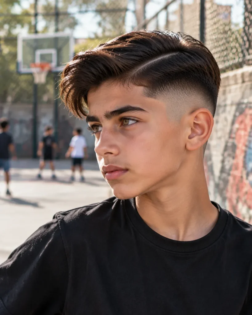 Teen boy with a high skin fade and side part on a basketball court