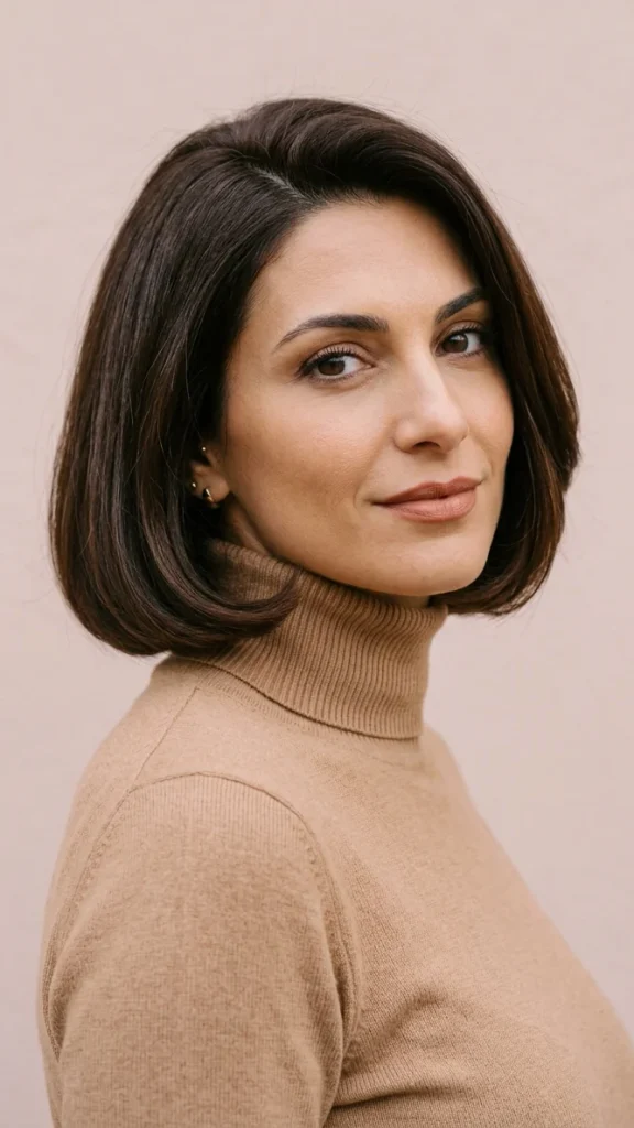 Woman with a glossy jaw-length Italian bob with full, rounded ends