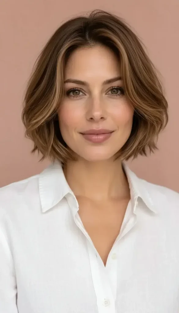 Woman in her 40s with a jaw-length honey-brown layered bob with caramel highlights and soft movement at the ends, wearing a white linen shirt.