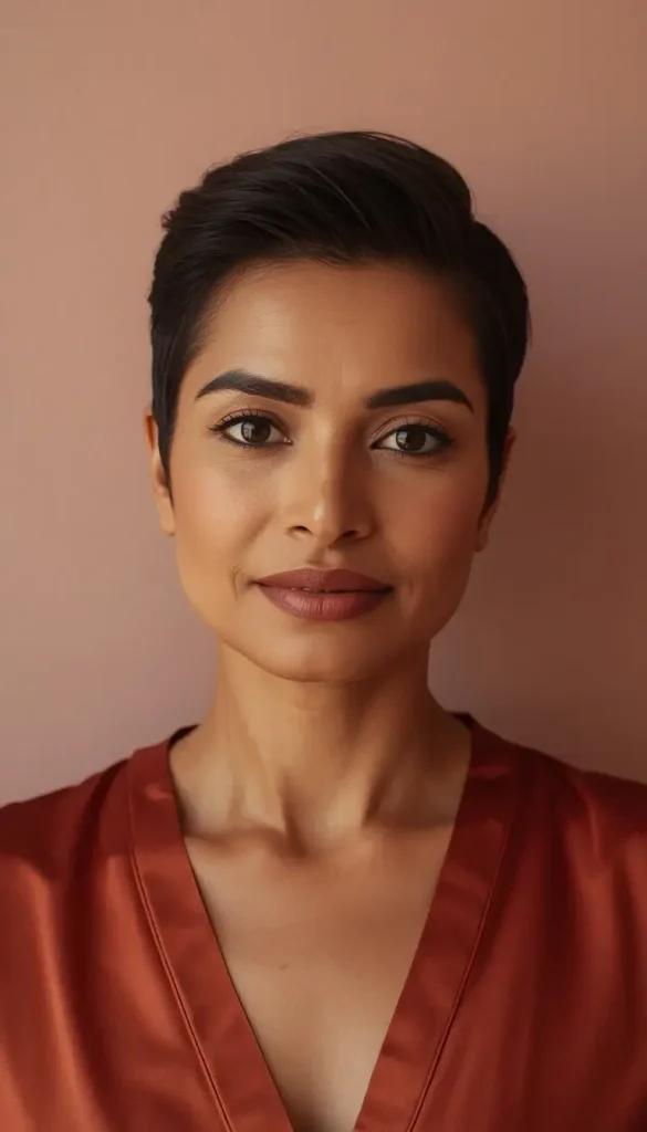 South Asian woman with a long pixie cut, longer hair on top swept up and back, short tapered sides, wearing a rust silk blouse.