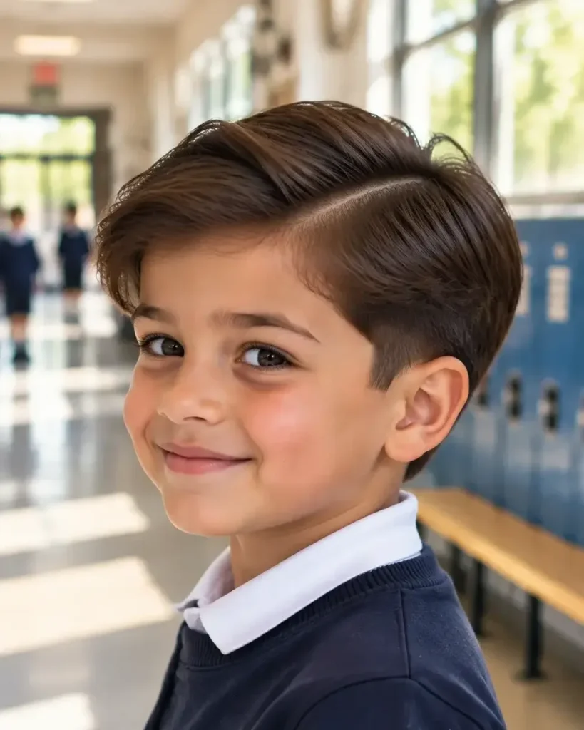 Young boy with a low taper fade and a soft combed side part in a school hallway