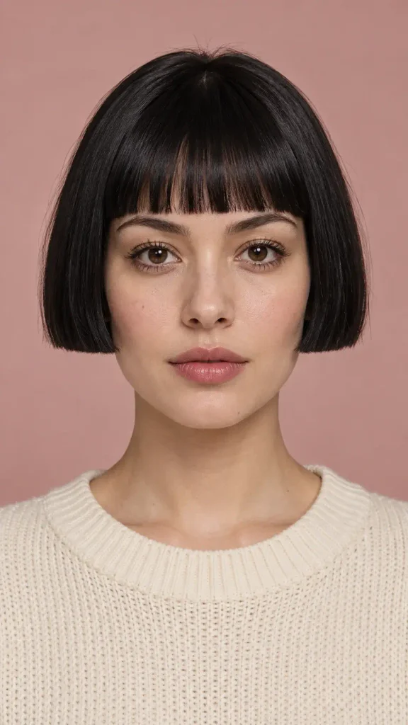 Woman with a black micro bob cut in one straight line above the mouth, with short blunt bangs.
