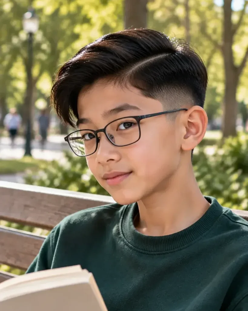 Boy in glasses with a mid fade side part reading on a park bench