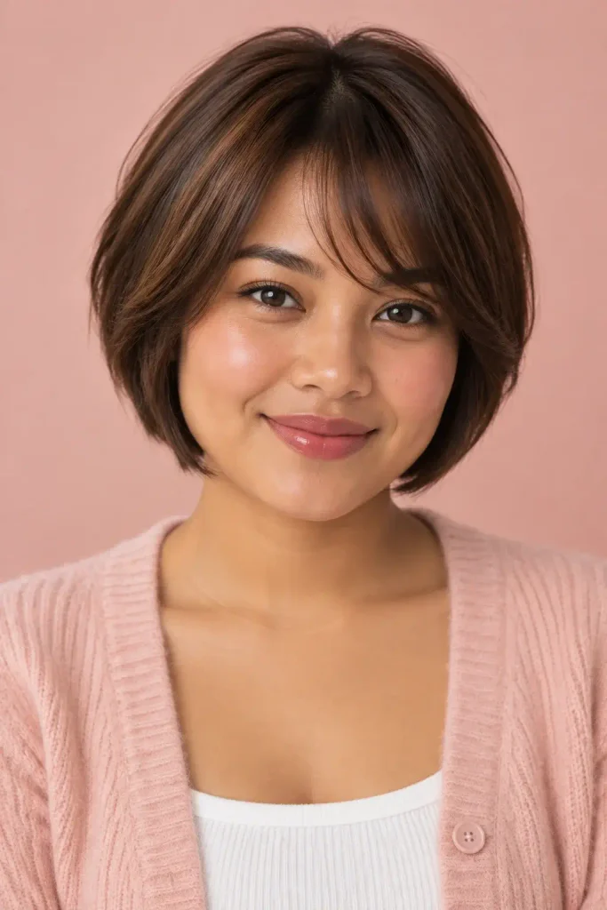 Woman with a pixie bob (bixie), ear-covering sides falling to the jaw and a soft side-swept fringe, wearing a pale pink cardigan.