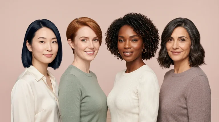 Four women with short hairstyles for women: a sleek bob, a long pixie, a curly bob and a wavy bob