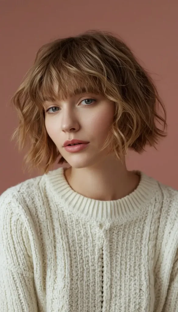 Woman with a chin-length short shag, choppy layers, wispy bangs and wavy light brown hair, wearing a cream cable-knit sweater.