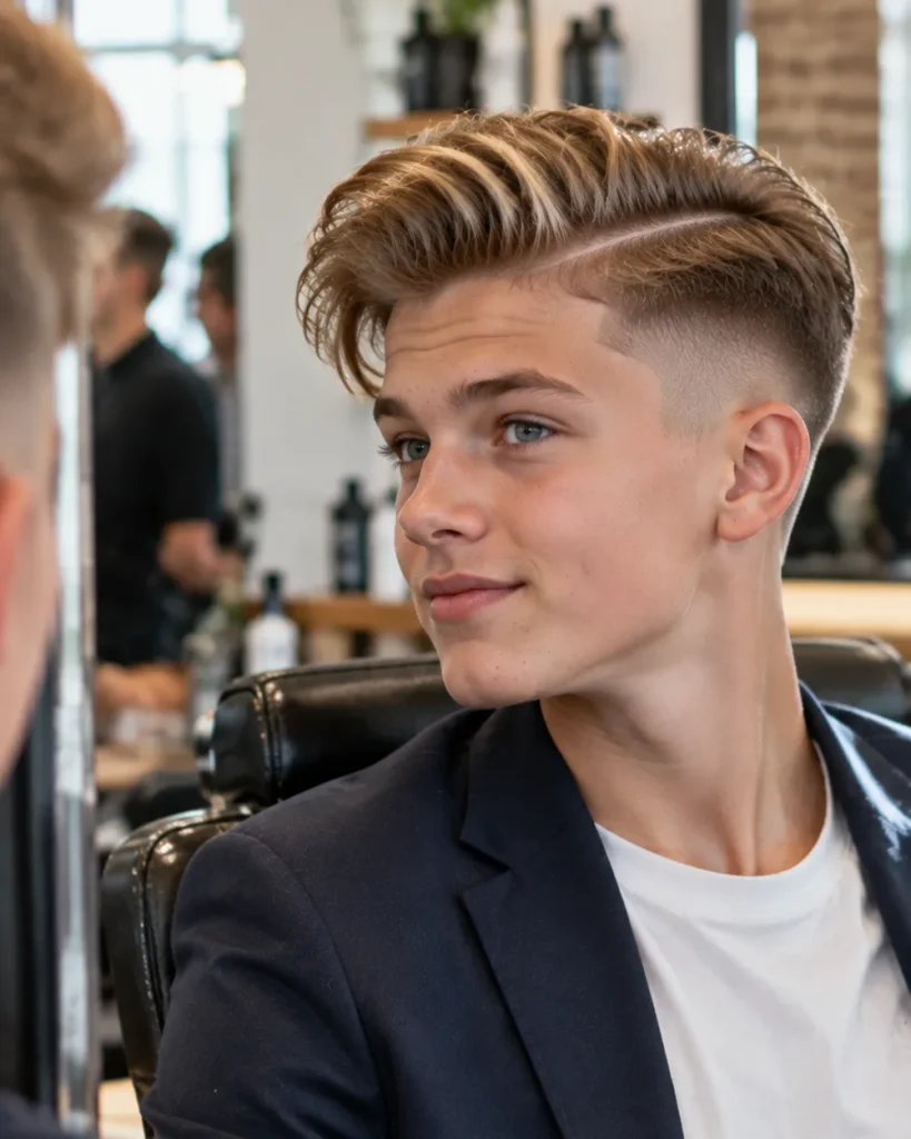 Teen boy with a side part pompadour fade in a barbershop mirror