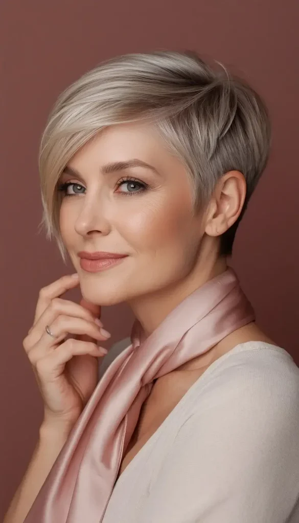 Woman in her 50s with a silver-blonde side-swept pixie, long fringe sweeping to the cheekbone, wearing a blush silk scarf.