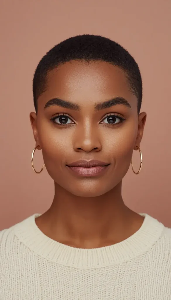 Woman with a soft buzz cut, even short length all over, wearing gold hoop earrings and a cream sweater.