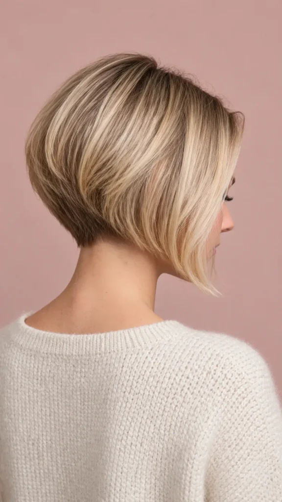 Back view of a blonde stacked bob with short graduated layers at the nape and volume at the crown.
