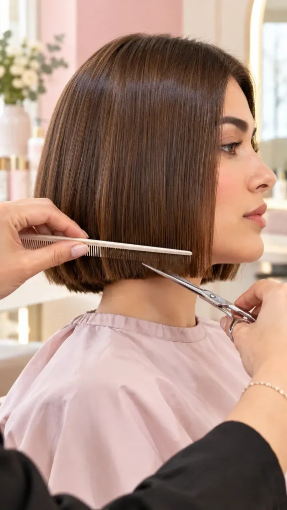 Stylist cutting one of the most popular short hairstyles for women, a sleek chin-length bob