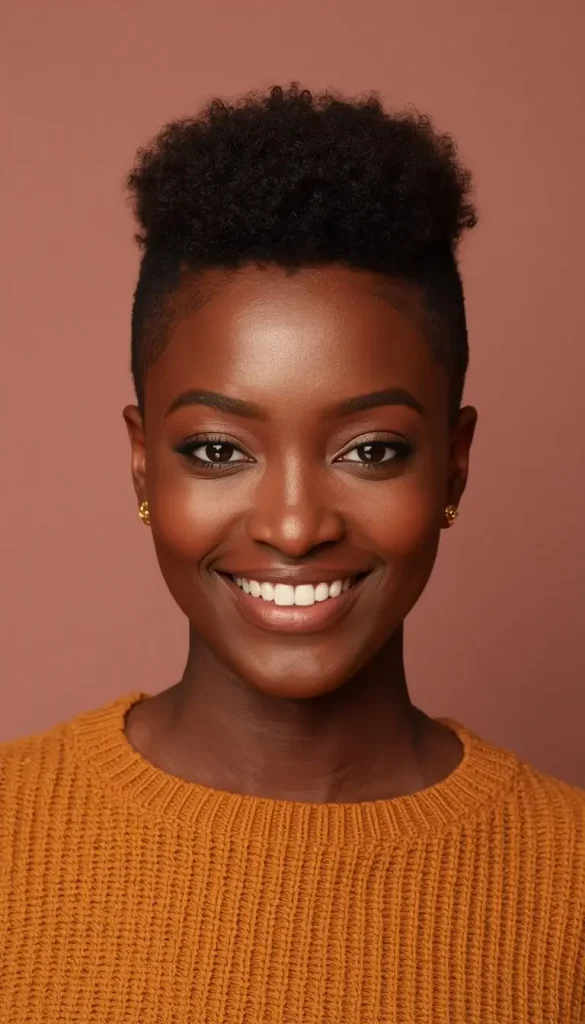 Black woman with a tapered natural haircut, short sides and fuller defined coils on top, wearing a mustard sweater.