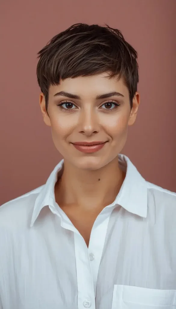 Woman with a short brown textured crop, choppy fringe above the eyebrows and ears visible, wearing a white shirt.