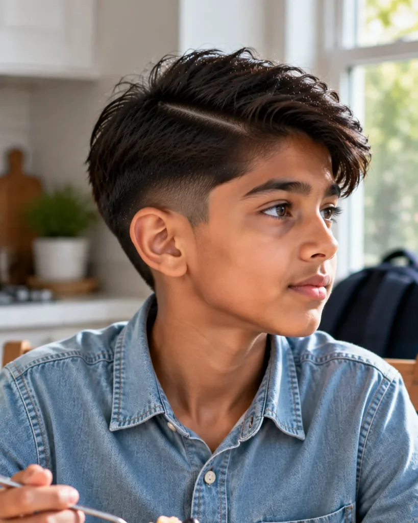 Boy with a low fade and a textured, messy top falling into a side part