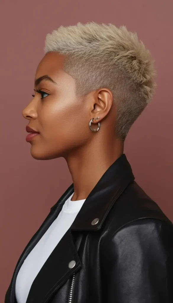 Side profile of a woman with a platinum undercut pixie, clipped sides and textured length on top, wearing a leather jacket.