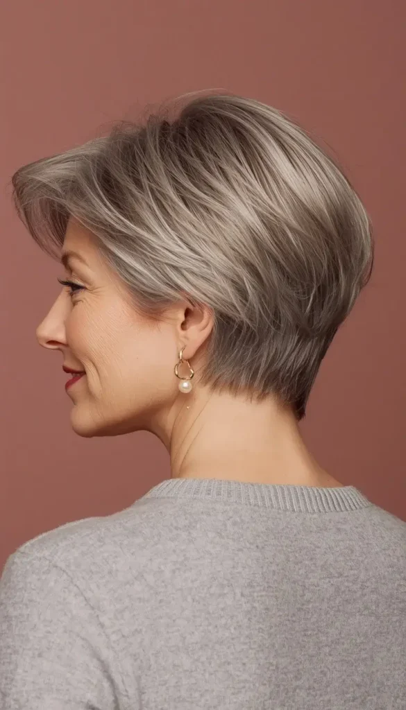 Back view of a woman in her 60s with a gray wedge haircut, short tapered nape and rounded volume at the crown.