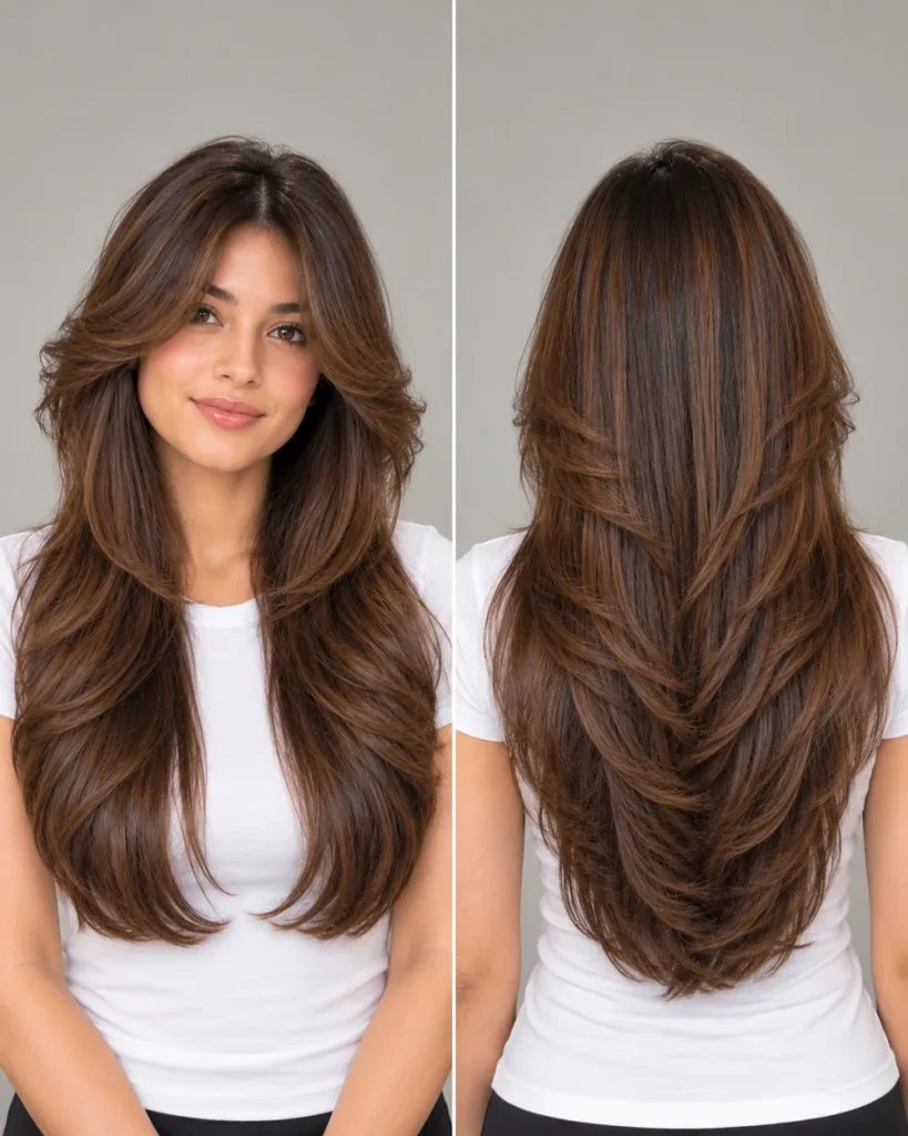 Front and back view of a butterfly haircut on long medium-brown hair