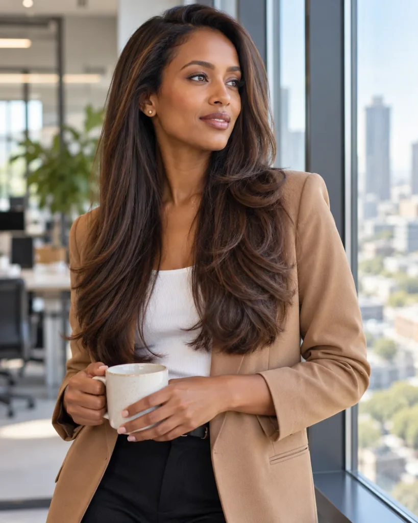 Woman with classic long layers in dark brown hair at a bright office window