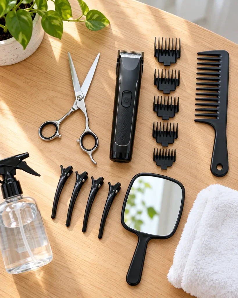 Tools to cut men’s curly hair at home: shears, clippers with guards, wide-tooth comb and clips