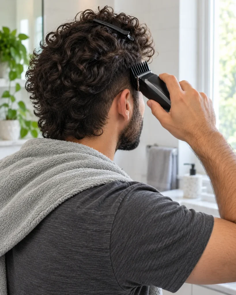 Man tapering the side of his curly hair at home with a long clipper guard