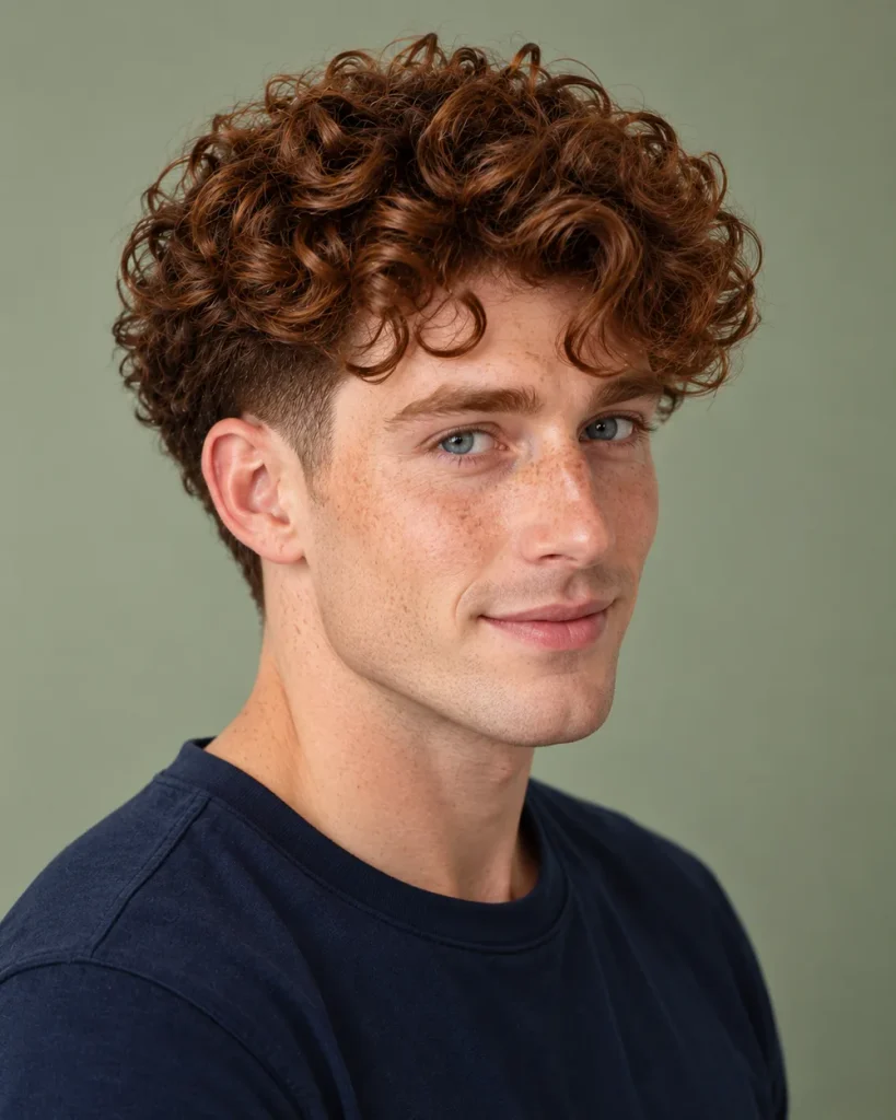 Man with a curly top and a low taper on the sides