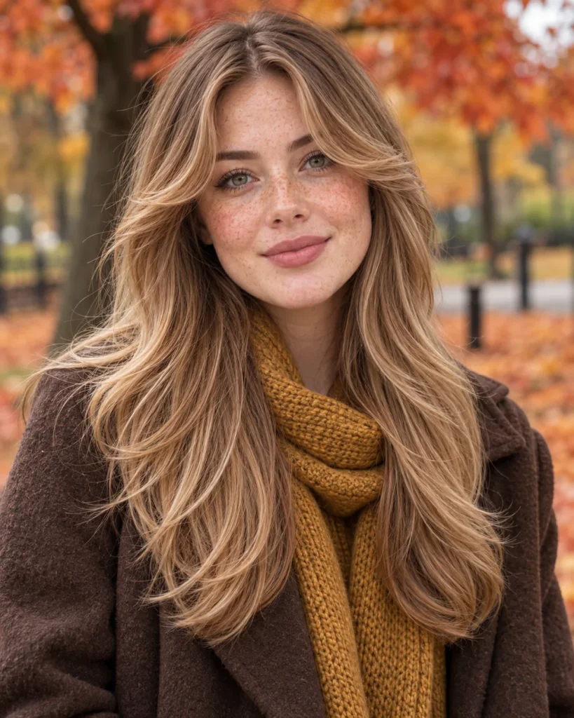 Freckled woman with curtain bangs and honey-blonde long layers in an autumn park