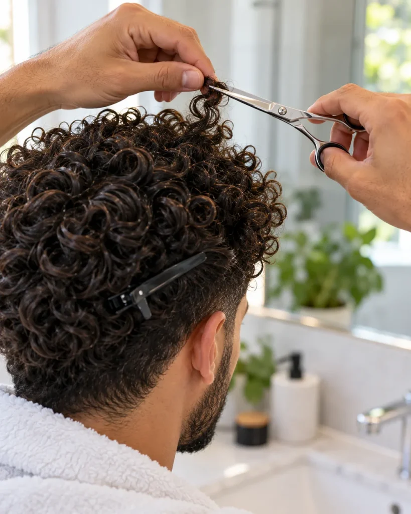 Shears trimming one dry curl where it naturally sits during a home haircut