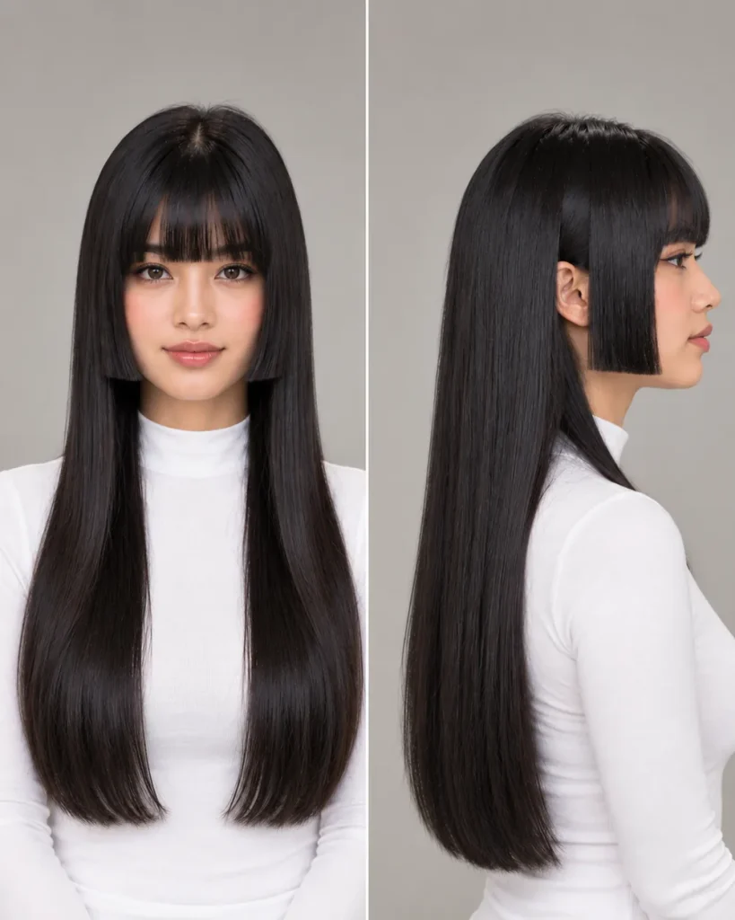 Front and side view of a hime cut with blunt bangs and chin-length sidelocks