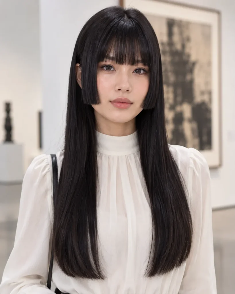 Woman with a sharp hime cut and blunt sidelocks in an art museum