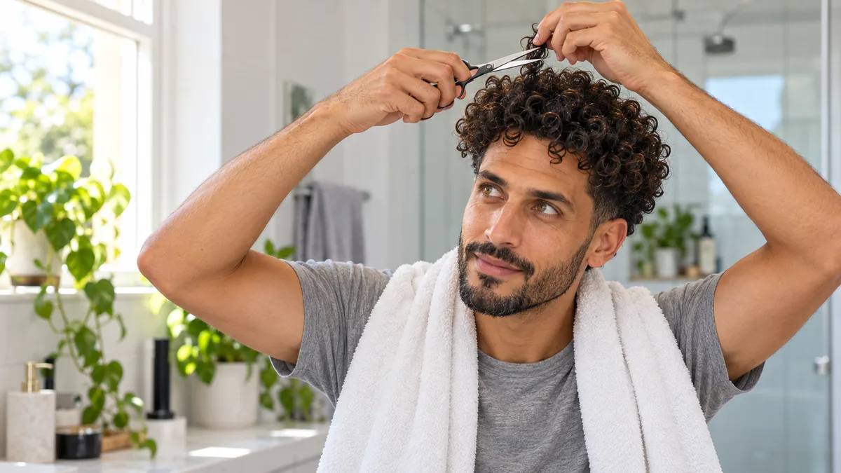Man learning how to cut men’s curly hair at home, trimming a dry curl with haircutting shears