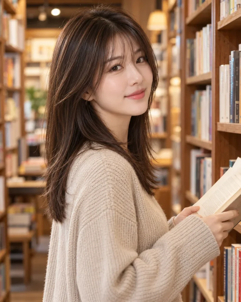 Woman with a wispy hush cut holding a book in a bookstore aisle