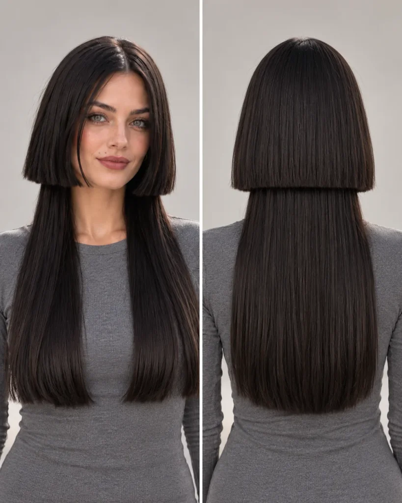 Front and back view of a two-tier jellyfish cut on straight black hair