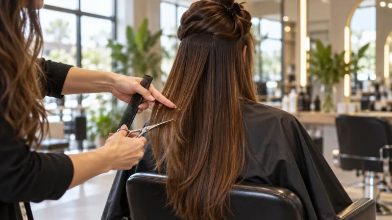 Stylist cutting long layers into waist-length chestnut hair in a bright salon