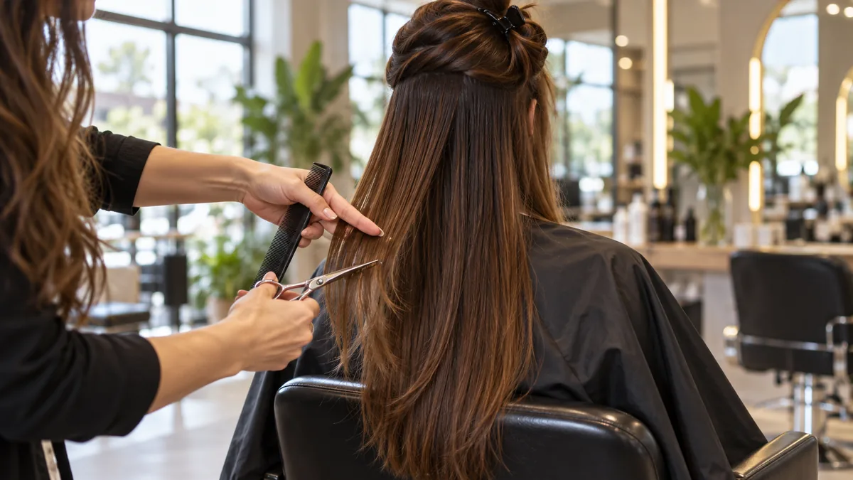 Stylist cutting long layers into waist-length chestnut hair in a bright salon