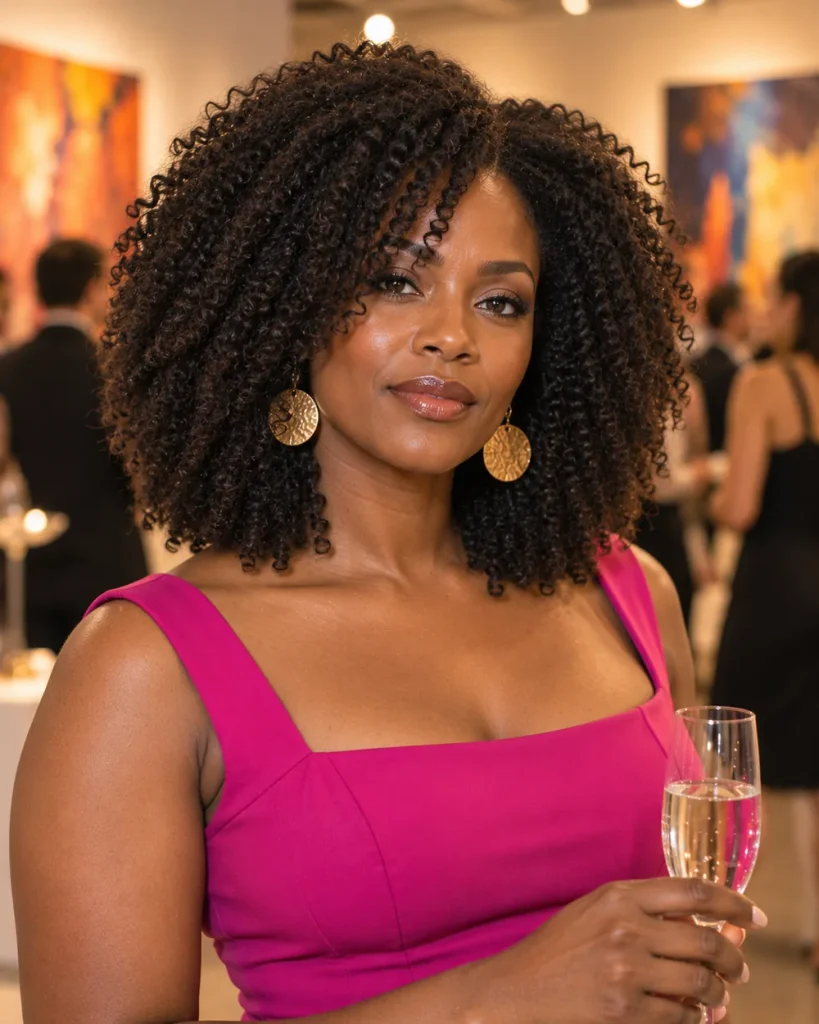 Woman with long layered coily hair at an evening art gallery opening