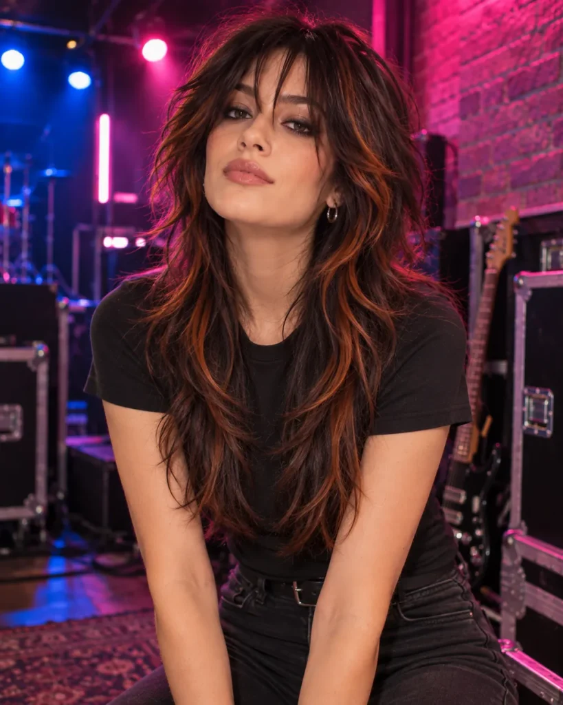 Woman with a long choppy wolf cut at a neon-lit music venue