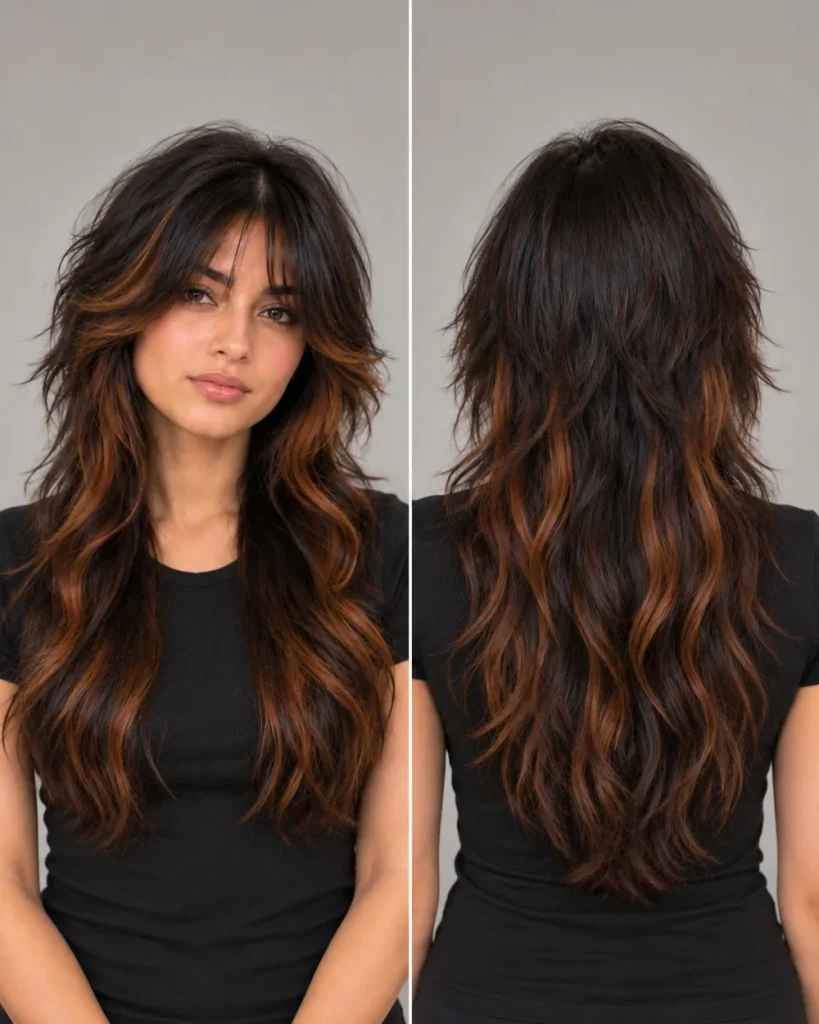 Front and back view of a long wolf cut with choppy crown layers on black and copper hair
