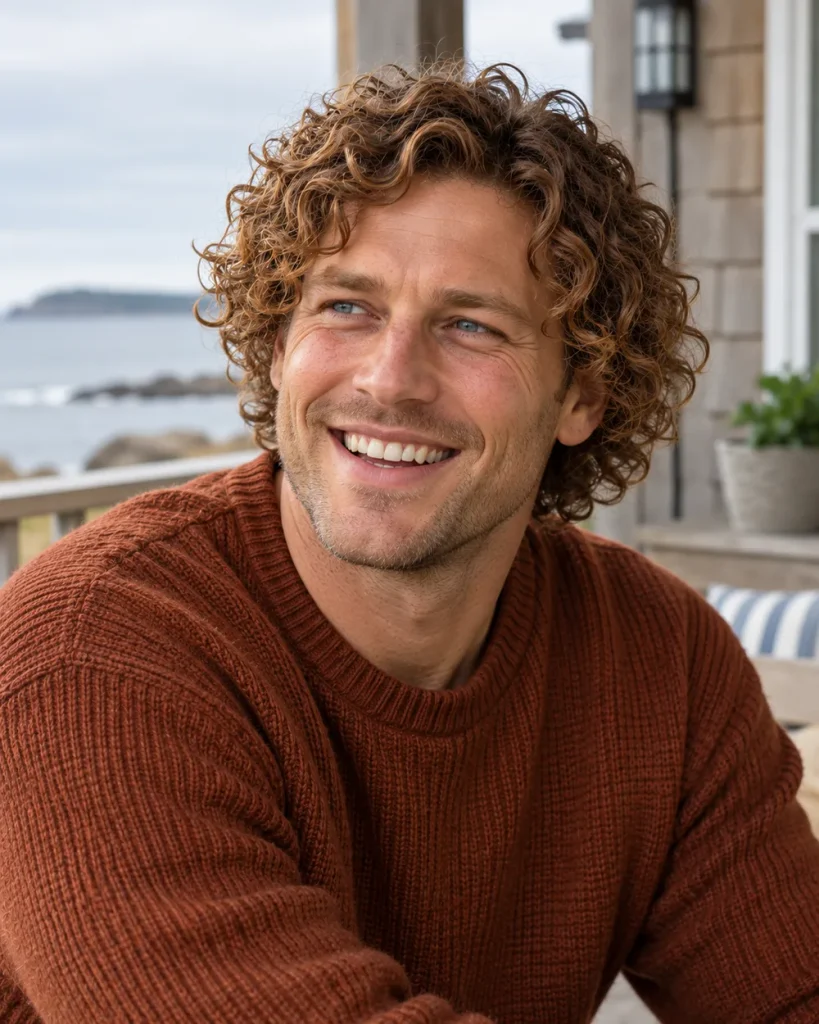 Man with chin-length curly hair after a light shape-up trim